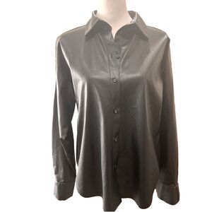 Zara Black Faux Leather Button Up Shirt Long Sleeve Vegan Leather Top Women M